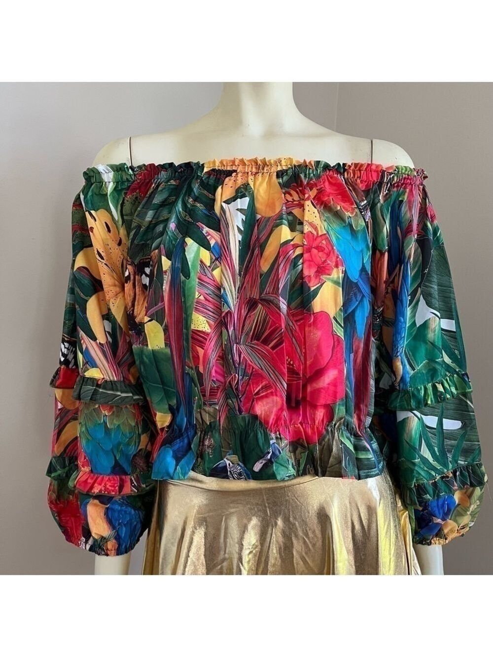 Nwt Rachel Zoe Women’s Tropical Butterfly 1/4 Sleeve Off shoulder Cropped Top L